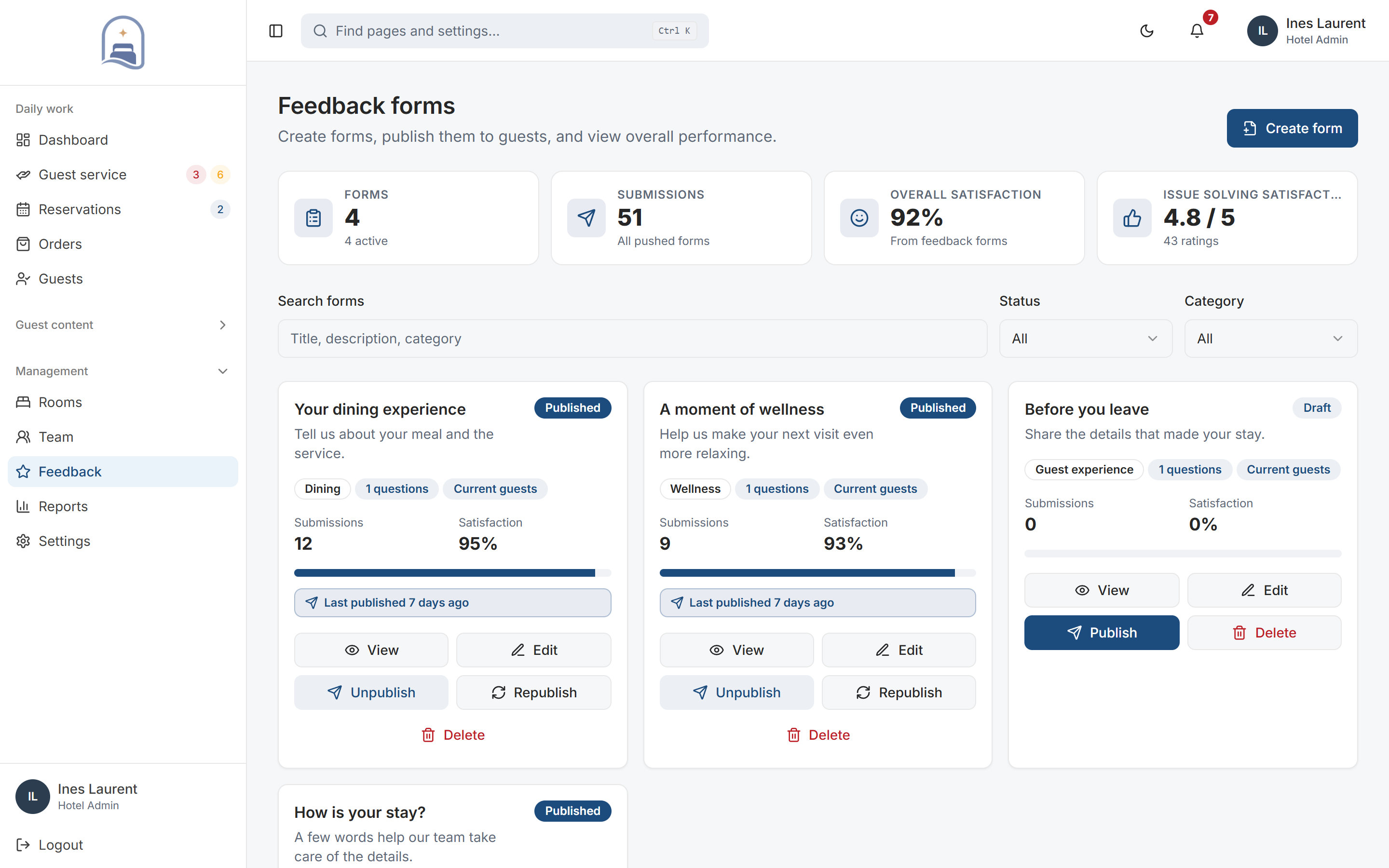 My Stay feedback forms with guest responses and satisfaction results