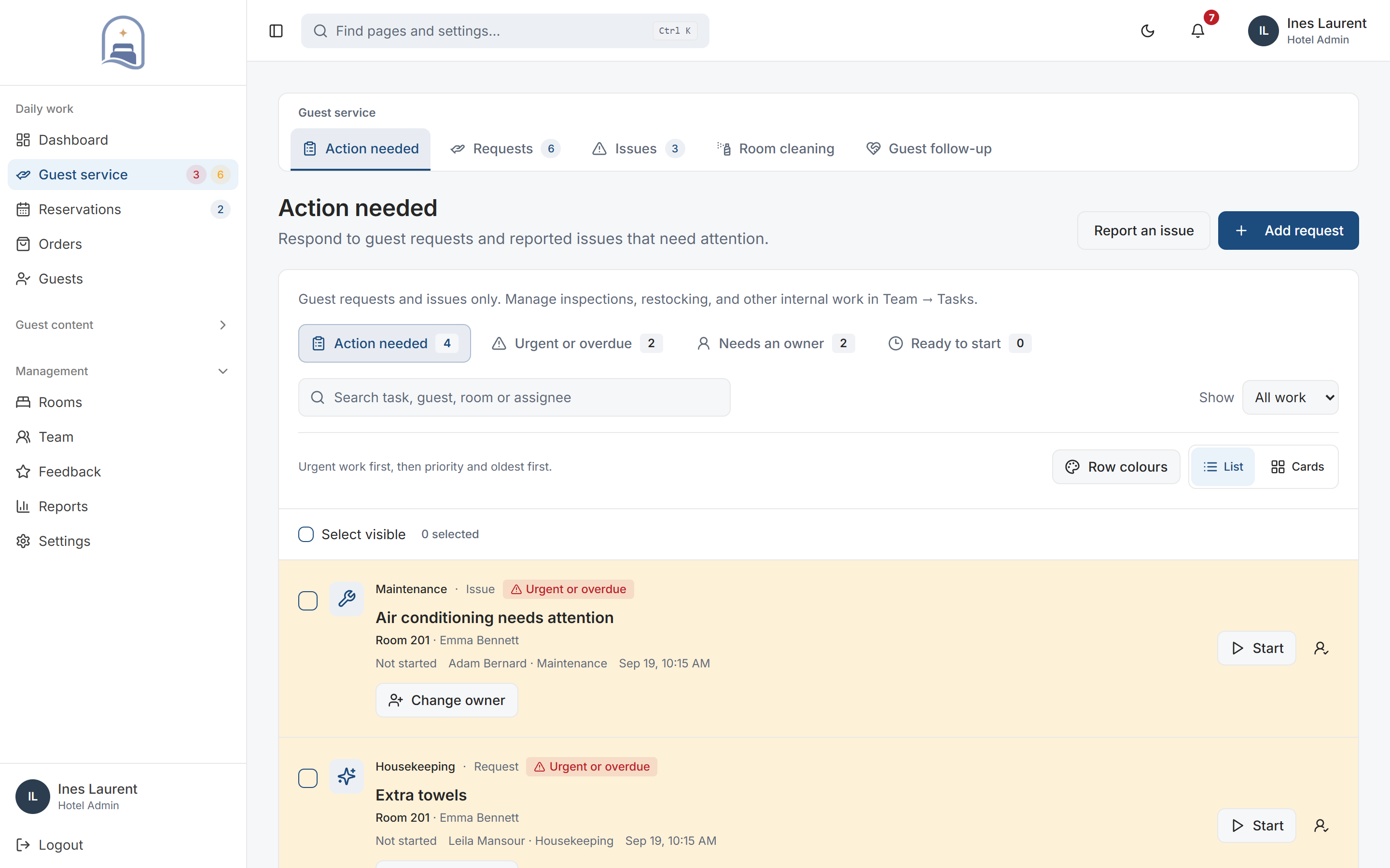 My Stay guest-service workspace with requests, priorities, and staff assignments