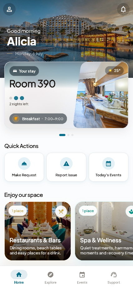 My Stay guest app with a personal hotel welcome, room details, services, and experiences