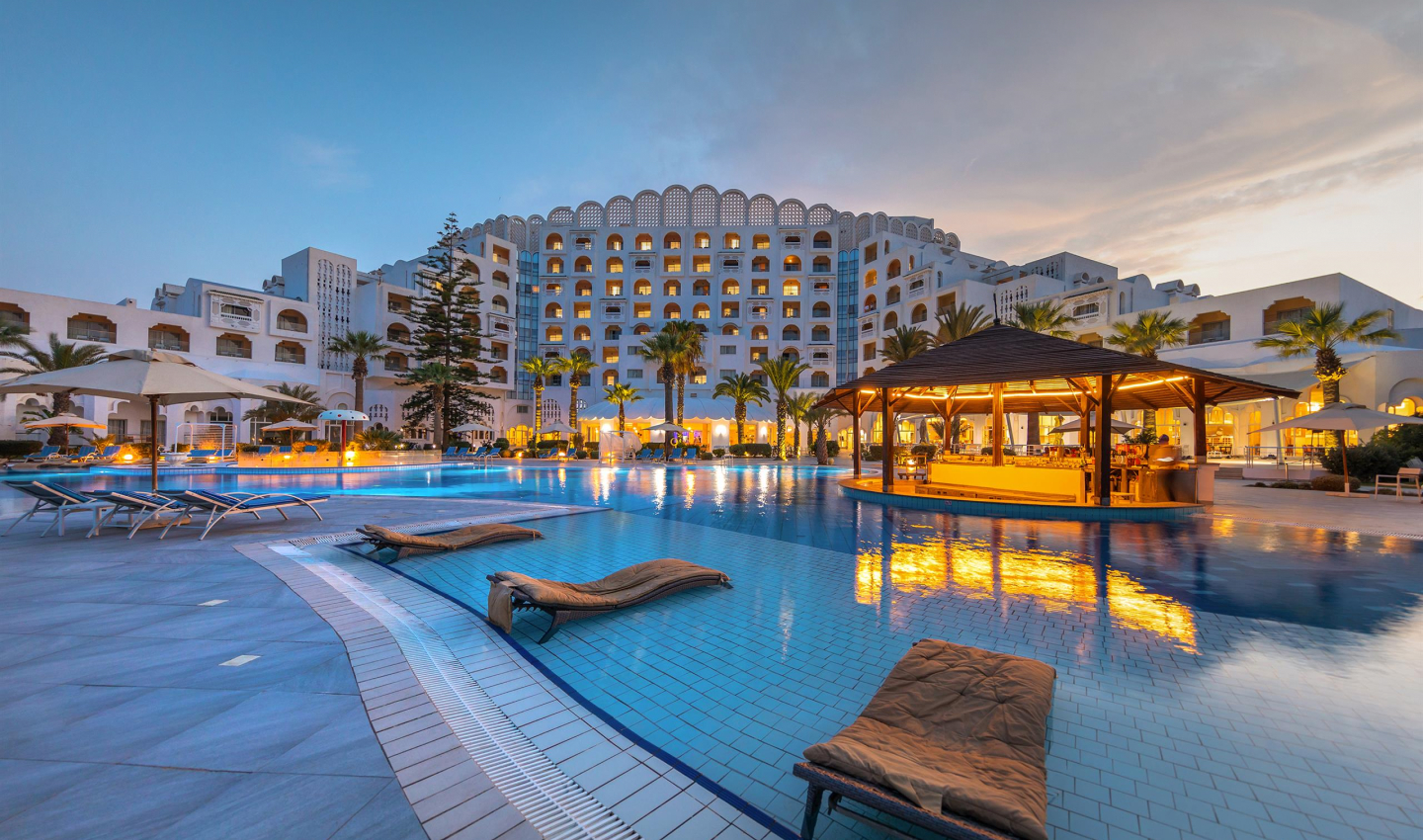Hotel terraces and pool as evening arrives