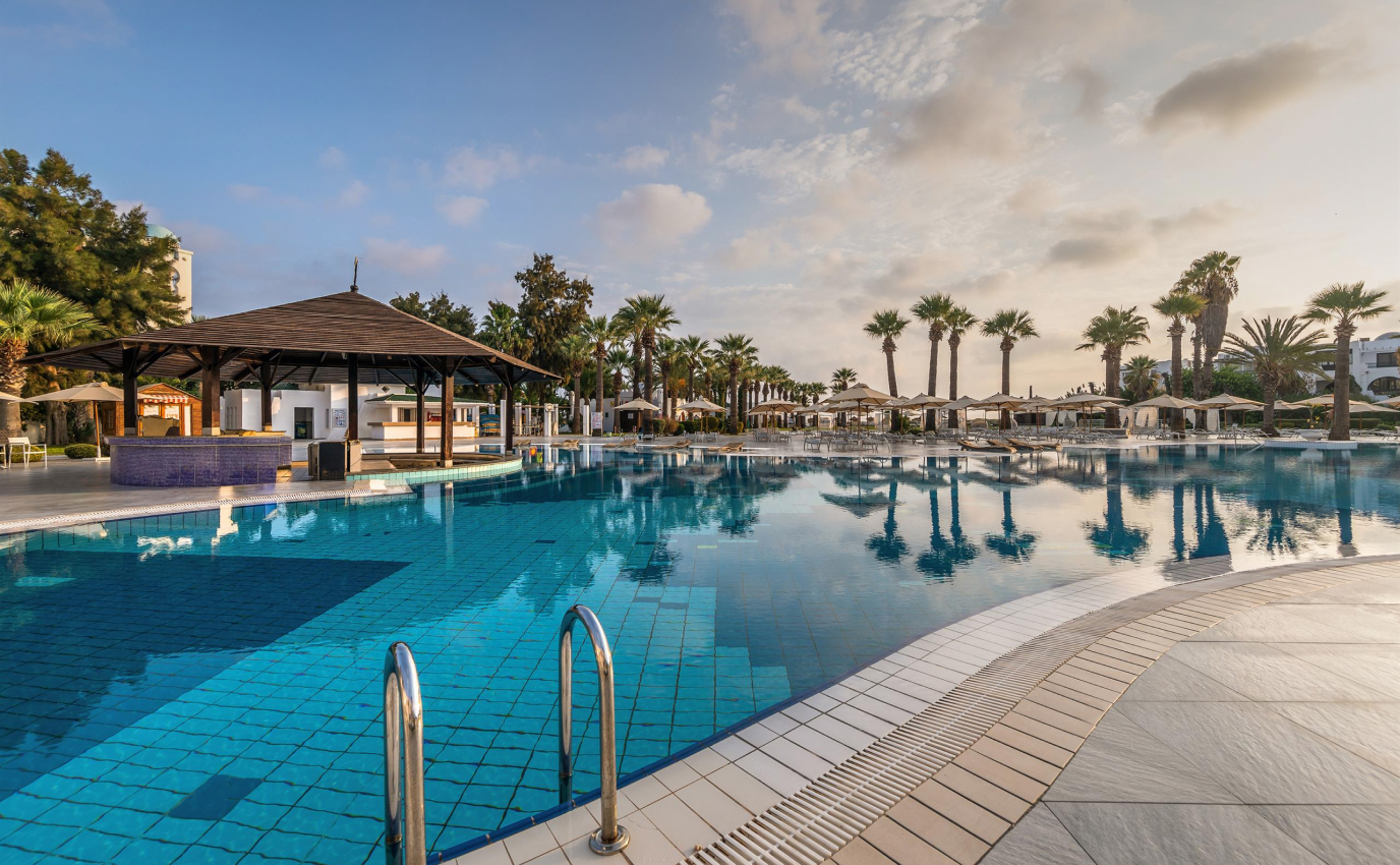 Sunlit hotel pool surrounded by palms and gardens